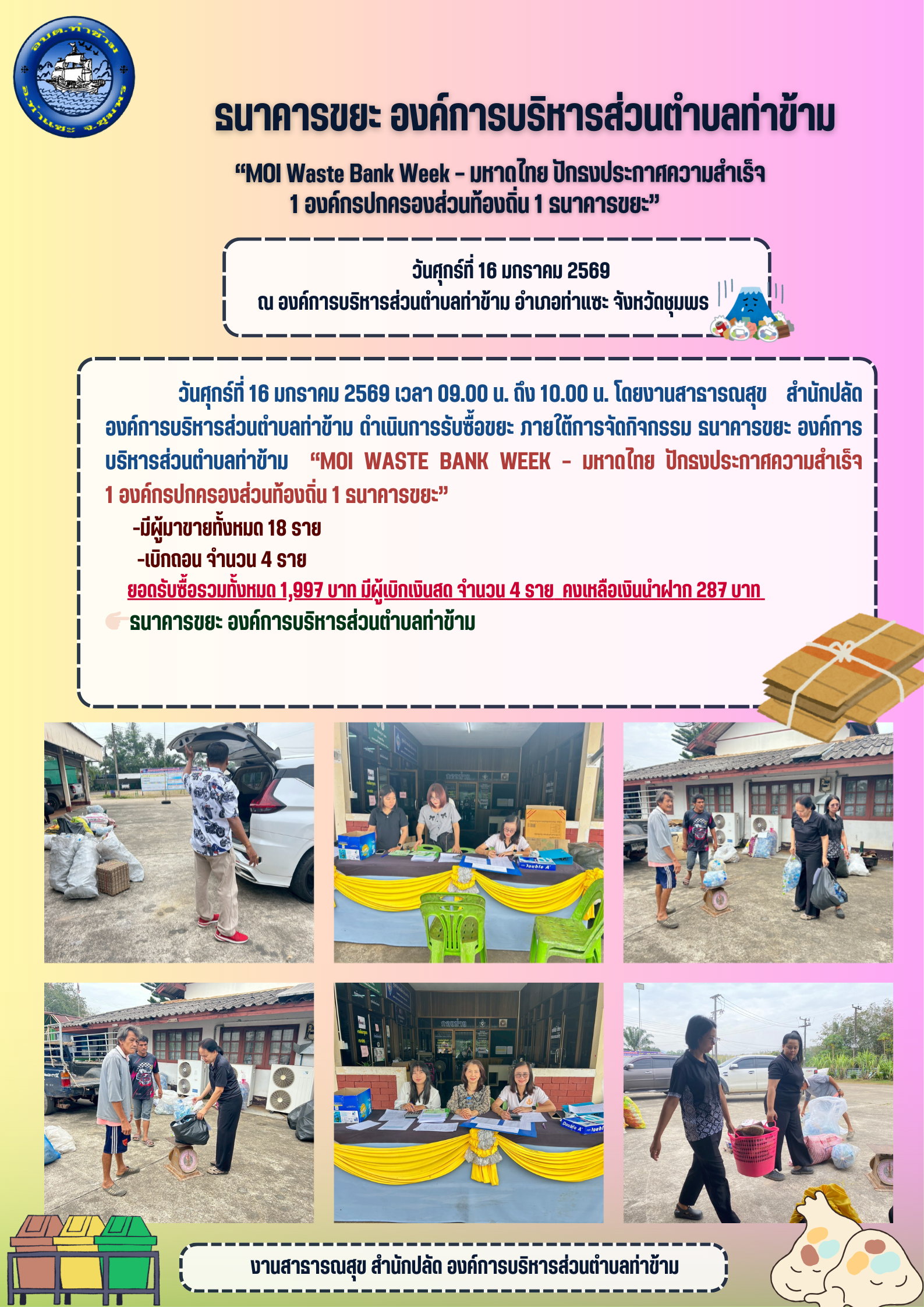 ธนาคารขยะ องค์การบริหารส่วนตำบลท่าข้าม ประจำเดือนมกราคม พ.ศ. 2569 ภายใต้การจัดกิจกรรม “MOI Waste Bank Week – มหาดไทย ปักธงประกาศความสำเร็จ 1 องค์กรปกครองส่วนท้องถิ่น 1 ธนาคารขยะ